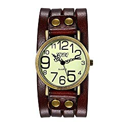 Avaner Unisex Punk Retro Bronze Round Dial Leather Belt Strap Cuff Bracelet Arabic Numerals Analog Quartz Wrist Watches