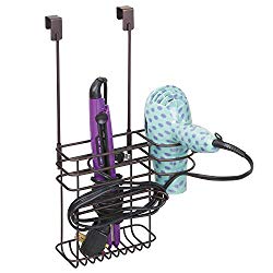 mDesign Metal Over Door Hair Care & Styling Tool Storage Organizer Basket for Hair Dryer, Flat Iron, Curling Wand, Hair Straightener, Brush - Hang Inside or Outside Cabinet Doors, 2 Sections - Bronze