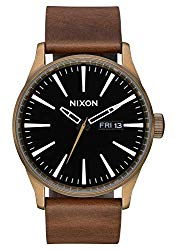 NIXON Sentry Leather A125 - Brass/Black/Brown - 120m Water Resistant Men's Analog Classic Watch (42mm Watch Face, 23mm Leather Band)