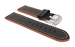 Bandini 18mm Mens Italian Leather Watch Band Strap - Black with Orange Stitch - Racer - Side Color