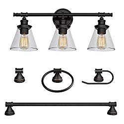 Globe Electric 50192 Parker 5-Piece All-in-One Bathroom Set, Oil Rubbed Bronze, 3-Light Vanity Light with Clear Glass Shades, Towel Bar, Towel Ring, Robe Hook, Toilet Paper Holder