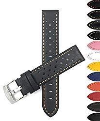 Bandini 18mm Black with Orange Stitch, Vented Racer Genuine Leather Watch Strap Band, with Stainless Steel Buckle, New!