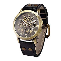 Full time 24 Mechanical Vintage Bronze Case Automatic Mechanical Skeleton Brown Leather Band Men's Sport Watch (SH4)