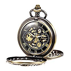 Treeweto Antique Dragon Mechanical Skeleton Bronze Pocket Watch with Chain