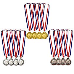 MOMOONNON 12 Pieces Metal Winner Gold Silver Bronze Award Medals Red White Blue Neck Ribbon, Olympic Style, 2 Inch