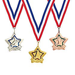 Juvale 3-Piece Award Medals Set - Metal Star-Shaped Gold, Silver, Bronze Medals for Sports, Competitions, Spelling Bees, Party Favors, 3 Inches in Diameter with 32-Inch Ribbon