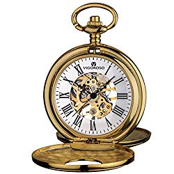VIGOROSO Mens Pocket Watch Half Hunter Double Cover Skeleton Mechanical Watches Gold Roman Numeral Gift Box