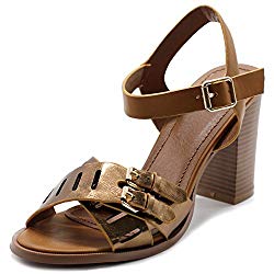 Ollio Womens Double Buckle Metallic High Heel Sandal FT10(9 B(M) US, Bronze)