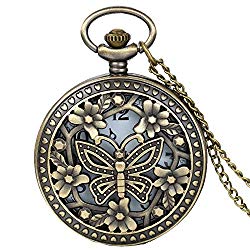 JewelryWe Retro Design Bronze Butterfly Flower Openwork Cover Pocket Quartz Watch with 31.5 Inch Chain