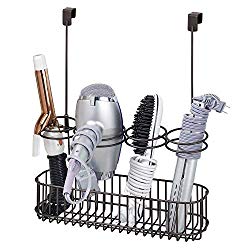 mDesign Over Door Bathroom Hair Care & Styling Tool Organizer Storage Basket for Hair Dryer, Flat Iron, Curling Wand, Hair Straighteners, Brushes - Hang Inside or Outside Cabinet Doors - Bronze