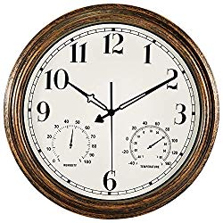 16 Inch Large Wall Clock,Waterproof Vintage Non-Ticking Clock with Thermometer and Hygrometer Combo,Battery Operated Clock Wall Decorative- Bronze