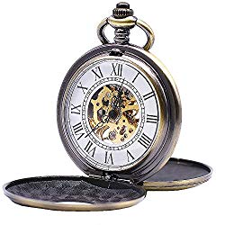 Udaney Antique Bronze Retro Half Hunter Mechanical Pocket Watch Roman Numerals