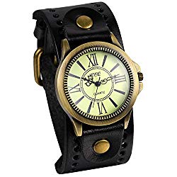 Avaner Unisex Punk Retro Bronze Round Dial Black Wide Leather Belt Strap Cuff Bracelet Roman Numerals Analog Quartz Wrist Watches