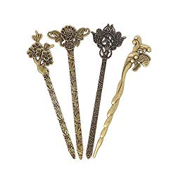 Honbay 4PCS Stylish Elegant Flower Hair Sticks Bronze Retro Hair Chopsticks Chignon Pins Hairpins