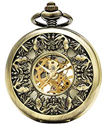 SEWOR Grace Koi Skeleton Pocket Watch Black Mechanical Hand Wind with Leather Gift Box (Bronze-1)