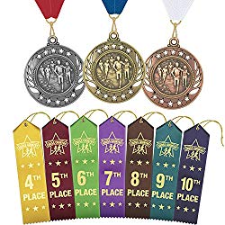 Cross Country Awards - Ultimate Bundle - Includes (2 Each) Gold –Silver – Bronze Medals with Neck Ribbons and (2 Each) 4th Place Through 10th Place Premium Award Ribbons with Event Card and String