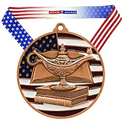 Decade Awards Academic Patriotic Medal, Bronze - 2.75 Inch Wide Scholastic Third Place Medallion with Stars and Stripes American Flag V Neck Ribbon