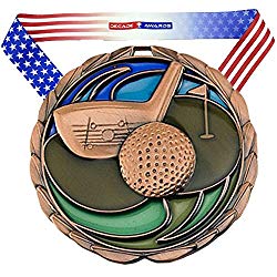 Decade Awards Golf Color Medal, Bronze - 2.5 Inch Wide Third Place Tournament Medallion with Stars and Stripes American Flag V Neck Ribbon