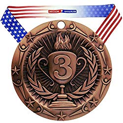 Decade Awards 3rd Place World Class Medal, Bronze - 3 Inch Wide Third Place Medallion with Stars and Stripes American Flag V Neck Ribbon