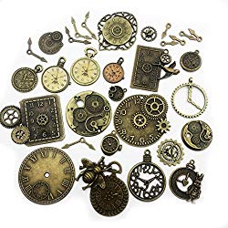 100 Gram (Approx 20 pcs) Assorted Antique Bronze Steampunk Big Clock Dial + Pointer Charms Pendant Collection--Antique Silver Bronze, Jewelry Making for Necklace and Bracelet (Bronze Clock HM71)