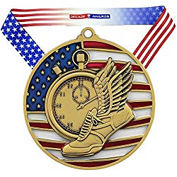 Decade Awards Track & Field Patriotic Medal, Gold - 2.75 Inch Wide First Place Medallion with Stars and Stripes American Flag V Neck Ribbon