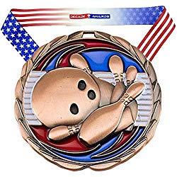 Decade Awards Bowling Color Medal, Bronze - 2.5 Inch Wide Third Place Tournament Medallion with Stars and Stripes American Flag V Neck Ribbon