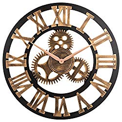 23" inch Noiseless Silent Gear Wall Clock - Large 3D Retro Rustic Country Decorative Luxury Art Big Wooden Vintage Steampunk Industrial Decor for House Warming Gift,(Roman Numeral,Anti-Bronze)