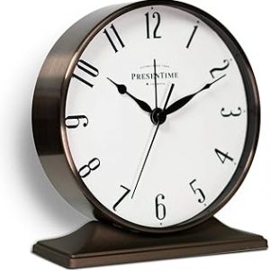 Presentime & Co Lewis Mantel Alarm Clock, Desk and Shelf Clock, Tabletop Decoration, 5.5 x 5 inch, Silent no Ticking, Metal Base, Bronze Finish, Arabic Numeral