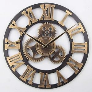 Timelike Large 3D Retro Wall Clock, Silent Non-Ticking Wooden Gear Wall Clock Rustic Vintage Quartz Clocks for Home Living Room Decoration (Bronze-Roman Numbers, 18 Inch)