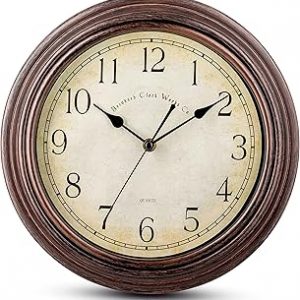 Bernhard Products Vintage Wall Clock Silent Non Ticking - 12 Inch Quality Quartz Battery Operated Decorative Brown Clock for Home Kitchen Living/Dining Room Office Decor, Easy to Read, Rustic Bronze